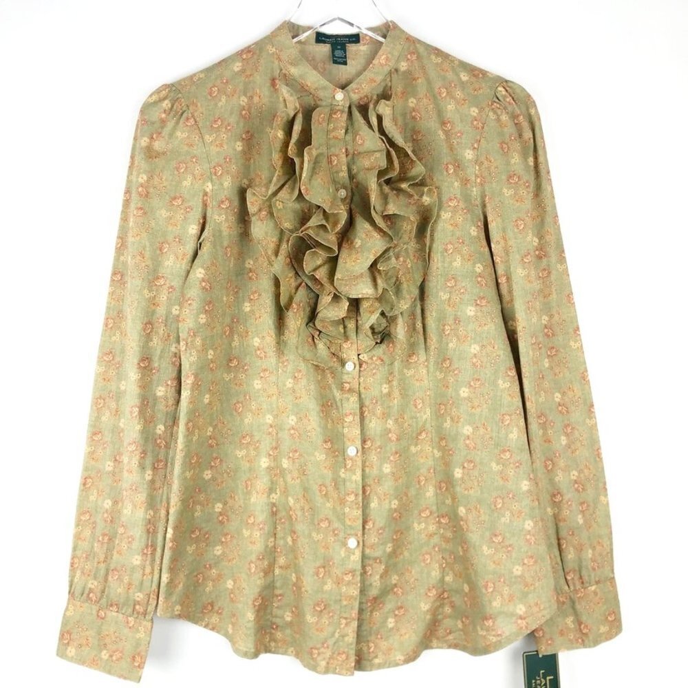 NEW Lauren Ralph Lauren Ruffled Cotton Blouse Women's Size M Green Tan Floral